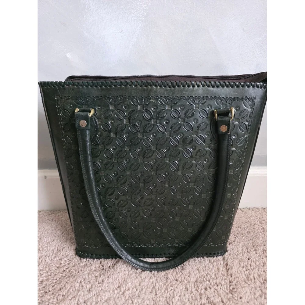 Vtg Green Hand Tooled Whipstitch Trim Tote Shoulder Bag Structured 12x14x4